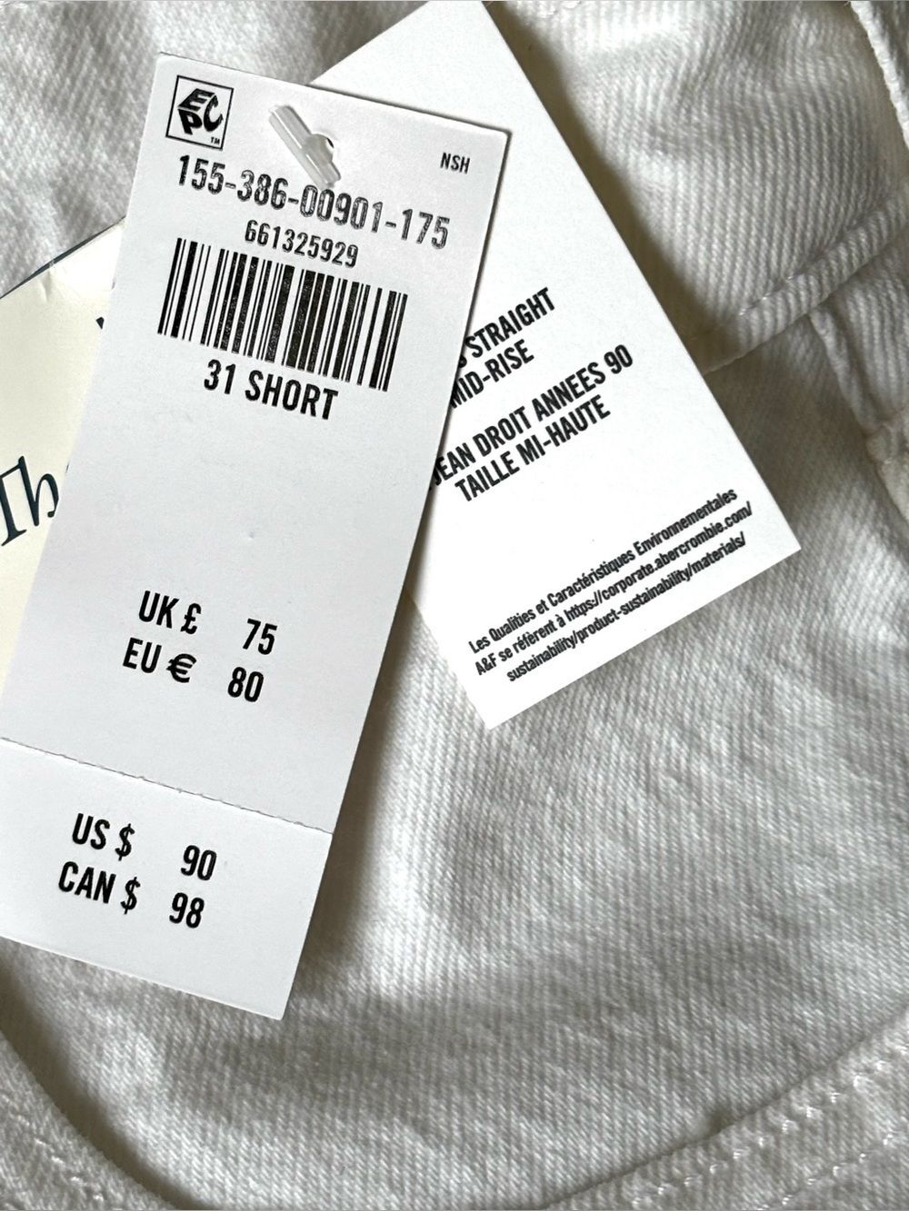 Abercrombie The ’90s Straight Mid Rise Jeans White Size 31 Short NWT - Picture 6 of 7